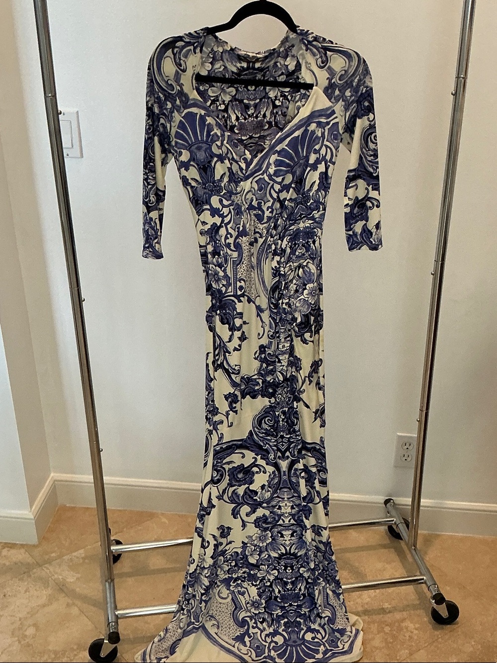 Roberto Cavalli Blue and White Baroque-Print Maxi Dress